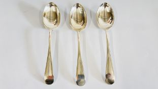 THREE OLD ENGLISH PATTERN DESSERT SPOONS, DIFFERENT DATES AND MAKERS.