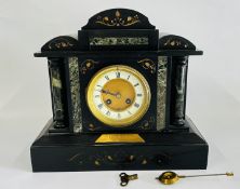 C1900 SLATE STRIKING MANTEL CLOCK KEY AND PENDULUM PRESENT W 33CM H 30CM.