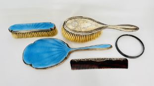 A 1930's BLUE GUIRROUCHE ENAMEL SILVER MOUNTED DRESSING MIRROR AND MATCHING BRUSH,