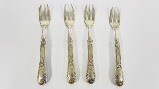 FOUR ORNATE FORKS WITH TRIPLE TINES, DECORATED HANDLES ENGRAVED WITH MONOGRAM, MARKED STERLING,