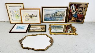 A GROUP OF PRINTS, PICTURES AND MIRRORS TO INCLUDE - 2 X GILT FRAMED MIRRORS,