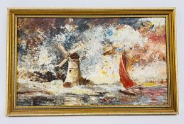 ORIGINAL OIL ON BOARD OF BROADLAND SCENE BEARING SIGNATURE V. PALMER 29CM X 49CM.
