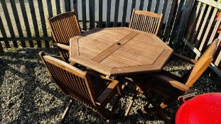 TEAK OCTAGONAL GARDEN TABLE AND 4 TEAK CHAIRS.