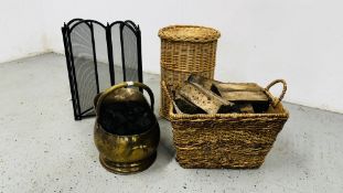 A SEAGRASS LOG BASKET, BRASSED COAL HELMET, FOLDING FIRE SPARK GUARD AND CYLINDRICAL WICKER BASKET.