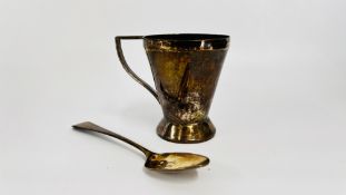 A SILVER CHRISTENING MUG INSCRIBED WITH MONOGRAM, LONDON ASSAY ALONG WITH A GEORGE III SILVER SPOON.