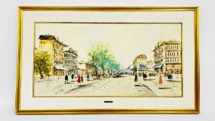 OIL ON CANVAS PARISIAN STREET SCENE BEARING SIGNATURE BOULLEVIE 48.5CM X 98.5CM.