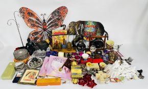 ONE BOX OF SPIRITUAL ORNAMENTS TO INCLUDE INCENSE, GONGS, BUDDHAS AND GEMSTONES FOR HEALING.