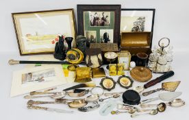 2 X BOXES OF COLLECTIBLES TO INCLUDE SILVER PLATED CRUET AND FLATWARE, SPELTER BUST,