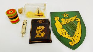 A GROUP OF COLLECTIBLES TO INCLUDE A PEN WORK CARD CASE, WOODEN SHIELD, 1939 WHISTLE ETC.