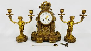AN ANTIQUE MARBLE & GILT METAL FRENCH MANTEL CLOCK AND GARNITURE SET,