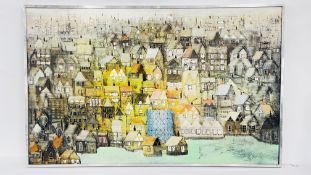 OIL ON CANVAS CITY ROOF LINE BEARING SIGNATURE BILL TOLLEY 74.5CM X 120CM.