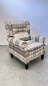 MODERN MANUAL RECLINING CHECK UPHOLSTERED EASY CHAIR.