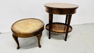 AN OVAL MAHOGANY TWO TIER OCCASIONAL TABLE AND CIRCULAR TOP COFFEE TABLE.