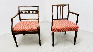 TWO GEORGIAN MAHOGANY OPEN ELBOW CHAIRS.