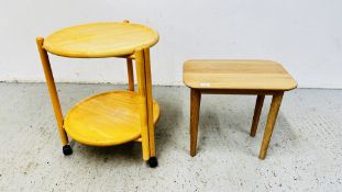 A MODERN CIRCULAR BEECHWOOD TWO TIER STAND WITH LIFT OUT TRAYS, DIAMETER 48CM,