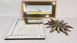 A MODERN FRAMELESS WALL MIRROR 50CM X 50CM PLUS A LIMITED EDITION OAK FRAMED PRINT OF CORNFIELD