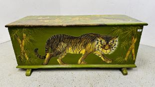 A LARGE ANTIQUE PINE TRUNK, LATER DECORATED WITH TIGERS, 137CM WIDE.