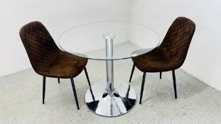 A MODERN CIRCULAR GLASS TOP PEDESTAL BREAKFAST TABLE AND TWO DESIGNER DINING CHAIRS (DIAMETER 90CM).