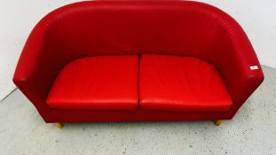 RED FAUX LEATHER 2 SEAT SOFA.