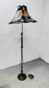A BRASS TELESCOPIC LAMP STANDARD WITH FLORAL SHADE (WIRING REMOVED) - SOLD AS SEEN.