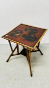 A BAMBOO SQUARE OCCASIONAL TABLE WITH LACQUERED TOP, 60CM SQUARE.