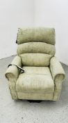 A CARECO GREEN UPHOLSTERED ELECTRICALLY OPERATED RISE AND RECLINE EASY CHAIR - SOLD AS SEEN.