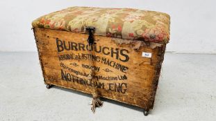 A PINE BOX STENCILLED BURROWS ADDING & LISTING MACHINE,