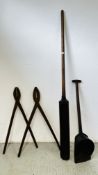 4 BYGONE WOODEN IMPLEMENTS TO INCLUDE TWO PAIRS THISTLE TONGS AND TWO BARLEY SHOVELS.