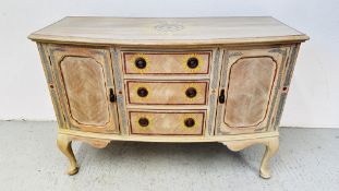 A BOW FRONTED SIDEBOARD WITH HAND PAINTED DECORATION,