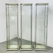 THREE GLAZED DISPLAY CABINETS - W 42.5CM D 36.5CM H 167CM.