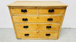 A C19th FIVE DRAWER STRIPPED PINE CHEST, LACKING BASE, 94CM WIDE.
