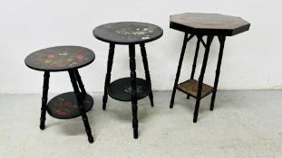 TWO TRIPOD BASED ANTIQUE BAMBOO BLACK LACQUERED CIRCULAR TOP TABLES,