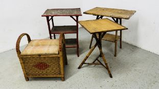 4 PIECES OF BAMBOO VINTAGE FURNITURE TO INCLUDE TRIPOD OCCASIONAL TABLE WITH SQUARE TOP,