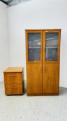 A MODERN BEECHWOOD HOME OFFICE CABINET WITH SHELVED INTERIOR W 85CM D 40CM H 169CM ALONG WITH A
