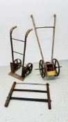 BYGONE PUSH SEED DRILL, ANTIQUE CAST IRON SACK BARROW AND WOODEN BOW SAW.