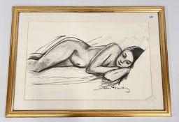 A FRAMED AND MOUNTED CHARCOAL DRAWING DEPICTING A 