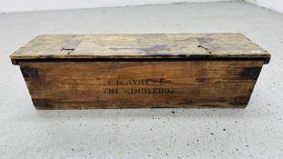 A VINTAGE CROQUET SET IN A PINE CARRY CASE MARKED 