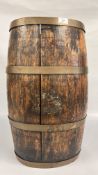 A VINTAGE OAK BRASS BANDED WHISKY BARREL WITH ORIGINAL COAT OF ARMS,