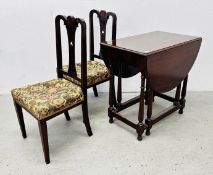 A SMALL OVAL TOP GATELEG DINING TABLE ALONG WITH A PAIR OF MAHOGANY STRUNG BACK DINING CHAIRS PLUS