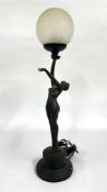 AN ART DECO FIGURAL NUDE STYLE LAMP WITH CRACKLE GLASS SHADE, A/F - SOLD AS SEEN.