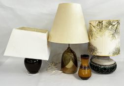A WEST GERMAN STYLE POTTERY VASE AND SHADE + A STUDIO POTTERY EXAMPLE BEARING INDISTINCT MONOGRAM +
