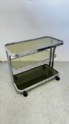 RETRO DESIGN CHROM AND SMOKED GLASS 3 TIER WHEELED STAND, W 84CM D 44CM H 70CM.