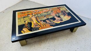 A MODERN RECTANGULAR DECORATED COFFEE TABLE, PAINTED WITH JAPANESE COURTESANS 158CM X 94CM.