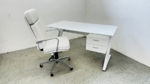 A MODERN WHITE METAL FRAMED HOME OFFICE DESK WITH GLASS TOP W 142CM X D 72CM ALONG WITH MODERN
