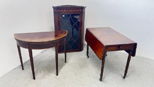 A GEORGE III INLAID MAHOGANY HANGING CORNER CUPBOARD W 76CM H 113CM.
