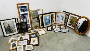 A COLLECTION OF FRAMED PRINTS AND MIRRORS TO INCLUDE MANY SENTIMENTAL SCENES (32 ITEMS).