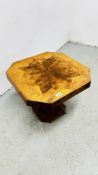 A 1930'S WALNUT SQUARE CANTEL INLAID PEDESTAL COFFEE TABLE W 54CM D 54CM H 46CM.