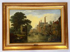 OIL ON CANVAS NORWICH SCHOOL SHIPPING ON THE RIVER WENSUM NORWICH BEARING SIGNATURE HENRY BRIGHT,