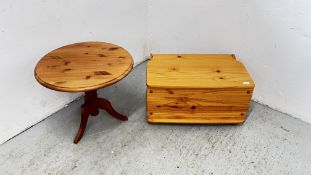 HONEY PINE CIRCULAR OCCASIONAL TABLE + A BLANKET CHEST.
