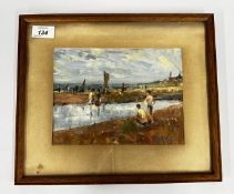 R.F. HARRISON (20th CENTURY) - OIL ON PAPER FIGURES ON A BEACH (W 34 X H 29CM INCLUDING FRAME).